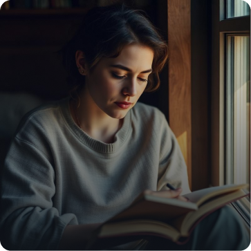 Self-reflective woman reading